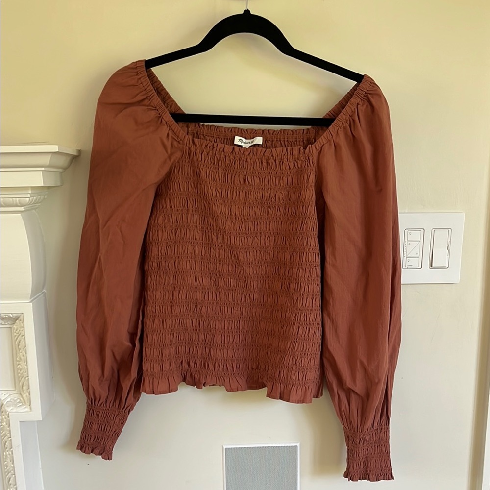 Madewell Brown Puff Sleeve Smocked Blouse